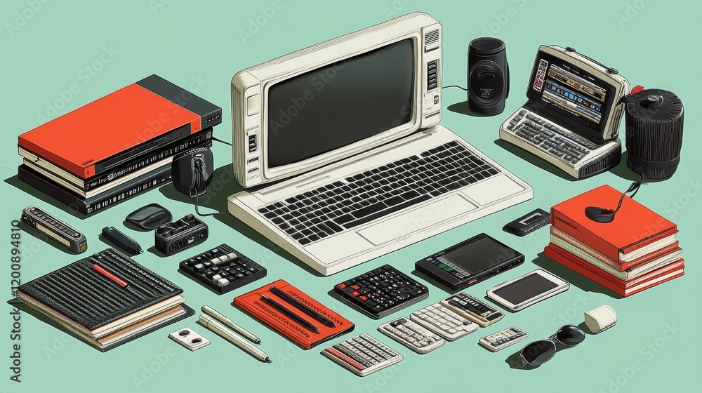 Poster retro computing an isometric arrangement of vintage computer peripherals and hardware