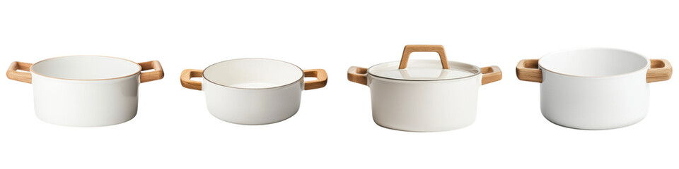 This image showcases an elegant arrangement of ceramic cookware including pots pans and utensils in a minimalist kitchen setting  The clean white background and natural wood accents create a modern