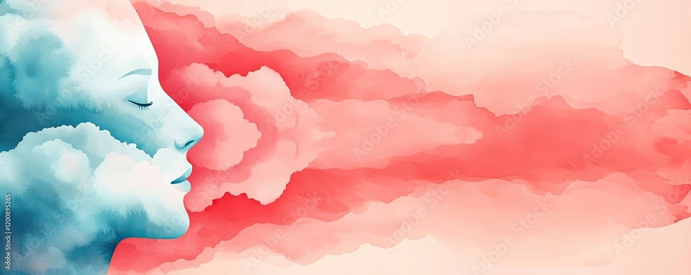 Poster clouds watercolor idea. a surreal artistic representation of a woman's profile intertwined with colo