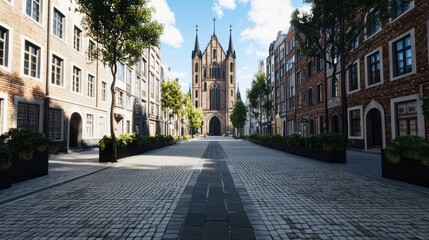 Sunny Cobblestone Street with Historic Church