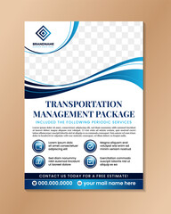 transportation management package Flyer Design Template. cleaning and periodic services banner in vertical layout. Vector blue gradient in A4 flyer size. space for photo and infographic