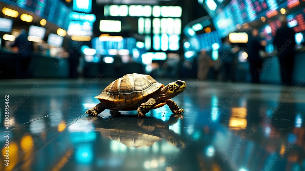 Poster turtle crawling in a futuristic market with dynamic displays and traders in motion