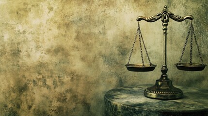 Gavel and scales on a table symbolizing law and justice with a banner for text copy space, cinematic lighting, sharp focus, captured with an ultra-wide angle lens.