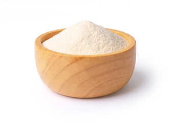 Collagen protein powder in wooden bowl isolated
