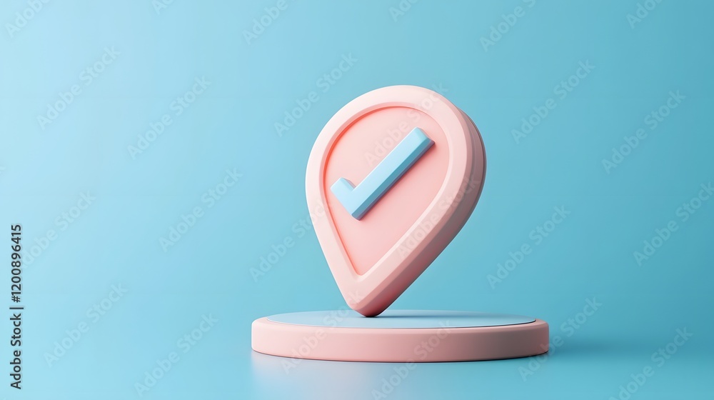 Poster minimalist location pin with shield and checkmark for reliable travel navigation