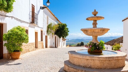 Charming street with a fountain in a picturesque village.