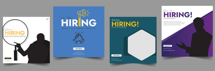 We are hiring job vacancy web banner and social media post template
  Set of editable square banner template. Car rental banner with black, orange and blue color background. Flat design vector।