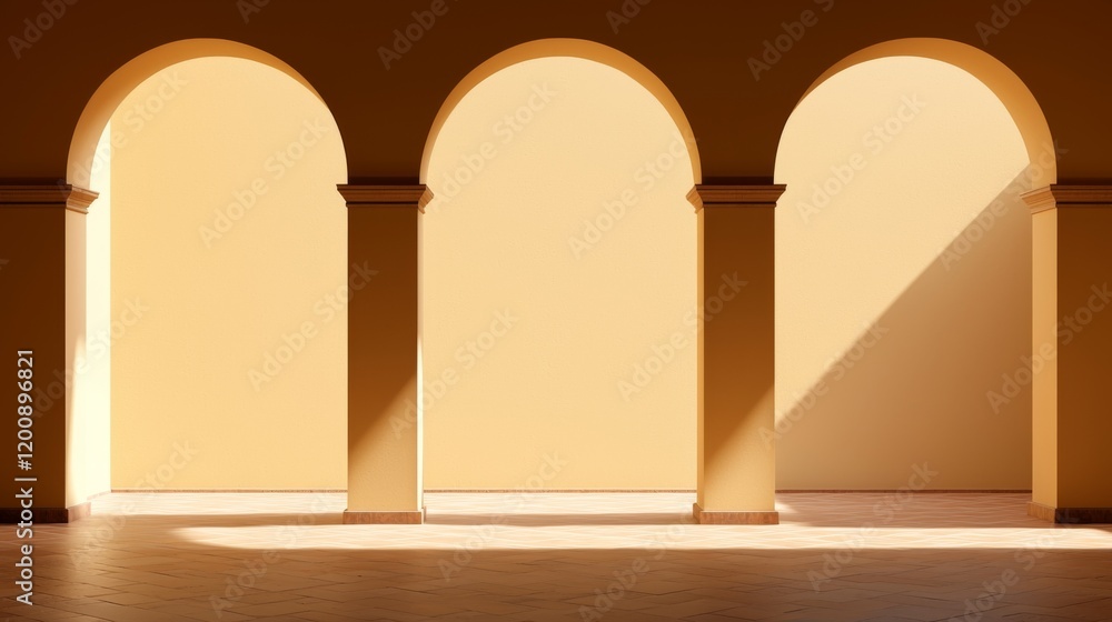 Poster a serene architectural space featuring three elegant arches, with warm tones and soft shadows creati