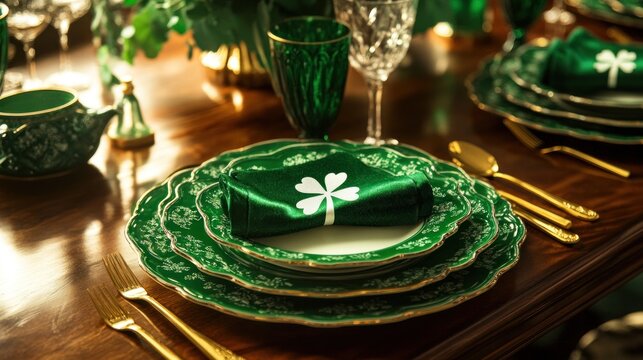 Emerald St. Patrick's Day table setting, shamrock napkin, elegant dining, celebration