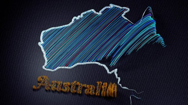 3D animation of an embroidered map of Australia. The colorful threads and fabric are shown from various perspectives, with motion effects highlighting the details and the word Australia.