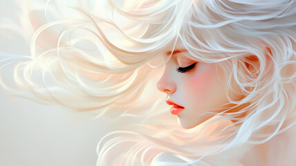 serene portrait of woman with flowing white hair, soft ivory tones transitioning to light ash, and dreamy, airy atmosphere. image exudes elegance and tranquility