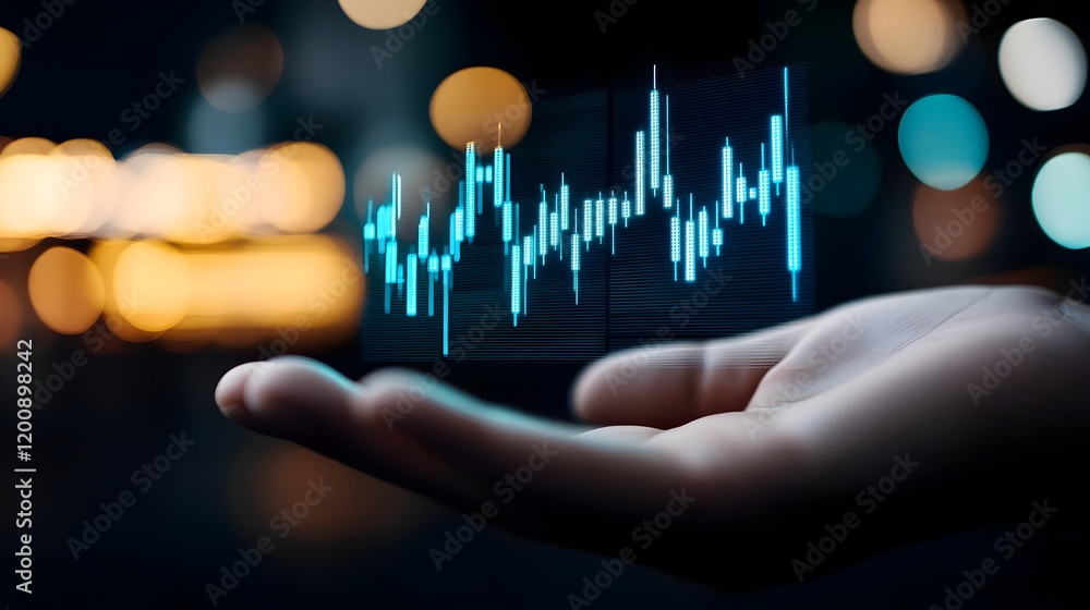 Poster futuristic holographic chart projection emerging from open hand with neon financial data