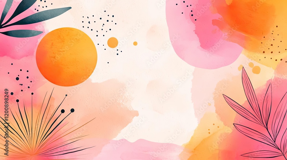 Poster doodle watercolor idea. colorful abstract background with vibrant shapes and botanical elements.