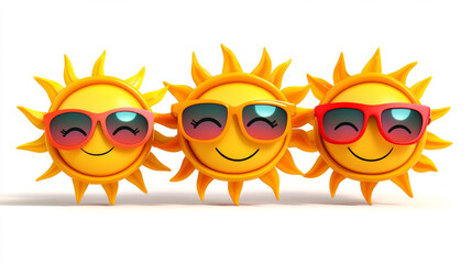 Cartoon smiling cute sun characters with sunglasses isolated on white background for travel, weather and leisure design