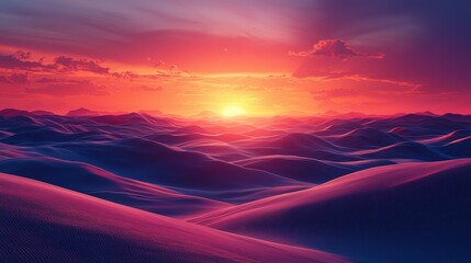 A mesmerizing sunset over rolling desert dunes. The warm hues of the sky blend seamlessly with the cool tones of the sand creating a captivating scene. Ideal for backgrounds, wallpapers, or digital ar