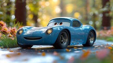Blue car smiles in autumn forest
