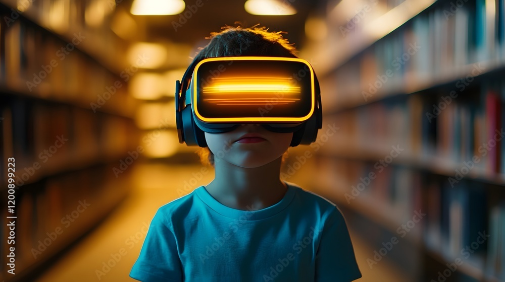 Poster a child explores the future in a futuristic library blending technology and learning