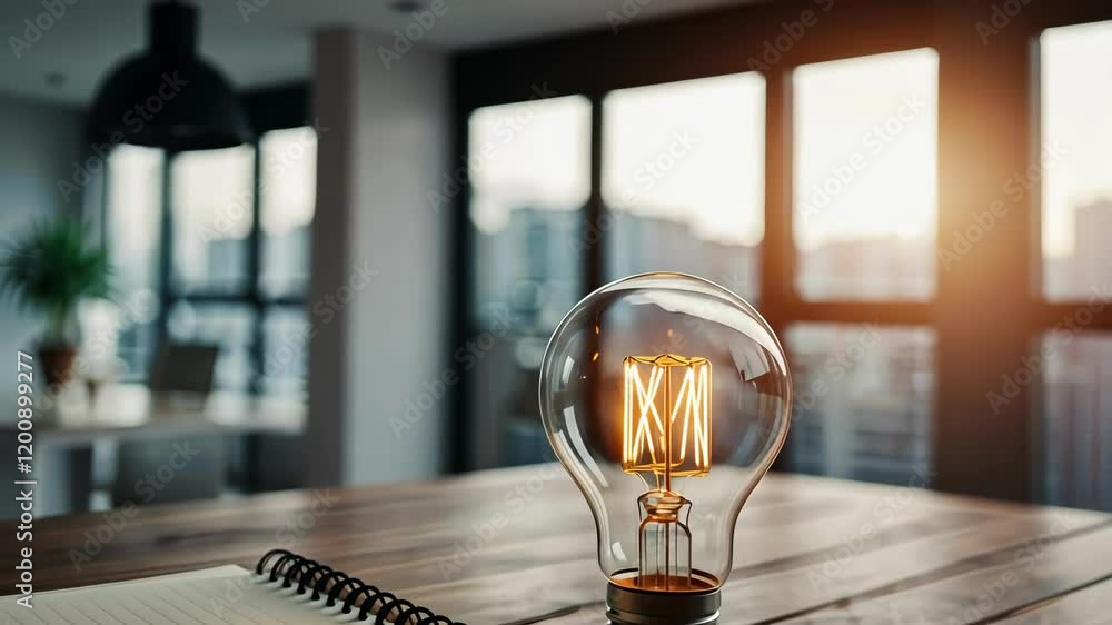 Aufkleber light bulb illuminates table beside notebook and window showcasing urban scenery, creating a serene 