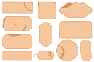 Used paper label tag sticker. Decorative carboard texture Vintage card isolated on transparent background. Retro badge. Insignia, sale sticker or invitation card.