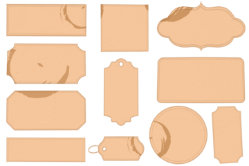 Used paper label tag sticker. Decorative carboard texture Vintage card isolated on transparent background. Retro badge. Insignia, sale sticker or invitation card.