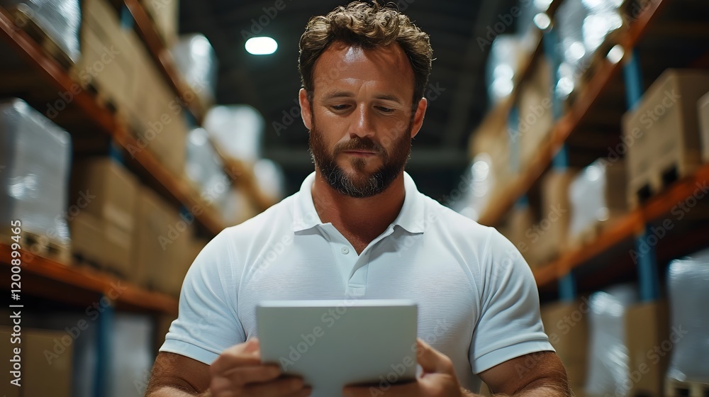 Poster professional logistics setting with man using digital tablet and blurred shelving in minimalistic