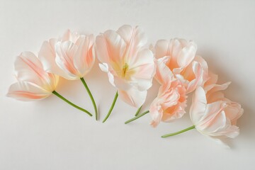 . A delicate bouquet of light pink tulips arranged elegantly on a plain white background, perfect for minimalist art.