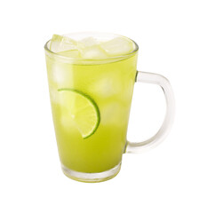 Glass of green tea cold drink with lime slice isolated	