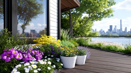 Vibrant Flower Garden Overlooking City Skyline on a Sunny Day