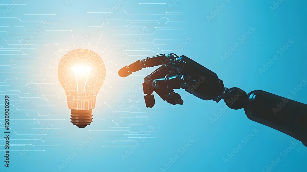 Poster technological innovation and ai driven ideas represented by a robot and human hand touching a
