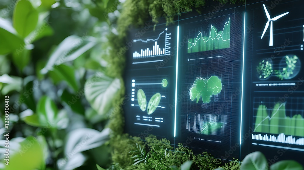 Poster sustainable energy solutions with wind turbines and data visualization for a greener future