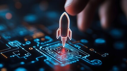 Neon Holographic Rocket Blasting Off from Human Hand in Futuristic Digital Backdrop