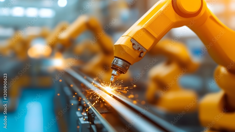 Poster robotic arms performing precision welding in a dynamic futuristic factory