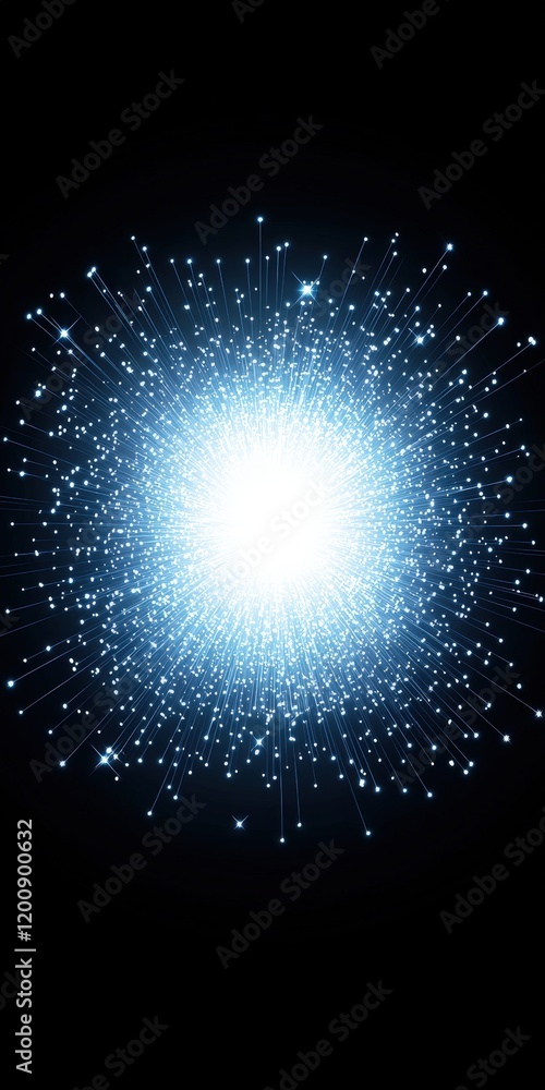 Poster bright light burst with radiating lines and sparkling particles on a dark background. ideal for tech