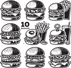 Black Color Burger Silhouette Vector Illustration, Solid White Background