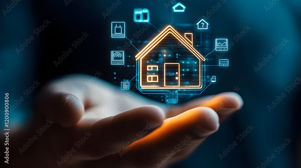 Poster futuristic smart home concept with luminous house floating above hand and high tech network icons