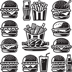 Black Color Burger Silhouette Vector Illustration, Solid White Background