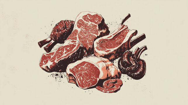 Meat liver. Butcher shop emblem of pork, mutton or beef meat. Sign with meat steak, knives, ribbon and spices. Raw tenderloin filet, bacon sirloin, T-bone meaty chop slice for steak house restaurant