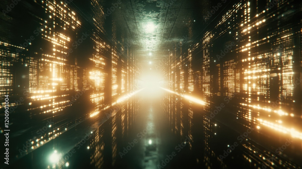 Poster digital matrix corridor: a mesmerizing digital art piece depicting a futuristic corridor lined with 