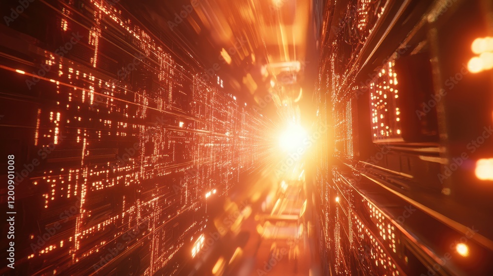 Poster digital tunnel of light: abstract digital art depicting a glowing orange tunnel with intricate circu