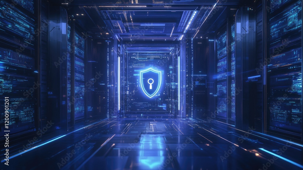 Poster cybersecurity data center: a futuristic data center hallway glows with blue neon light, featuring a 
