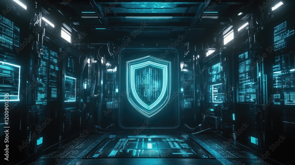 Poster cybersecurity shield: a futuristic, abstract image of a glowing blue shield, symbolizing cybersecuri
