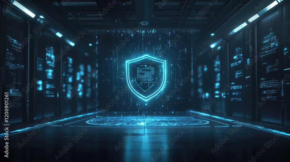 Poster cybersecurity shield in digital space: a futuristic, glowing blue shield emblem of cybersecurity hov