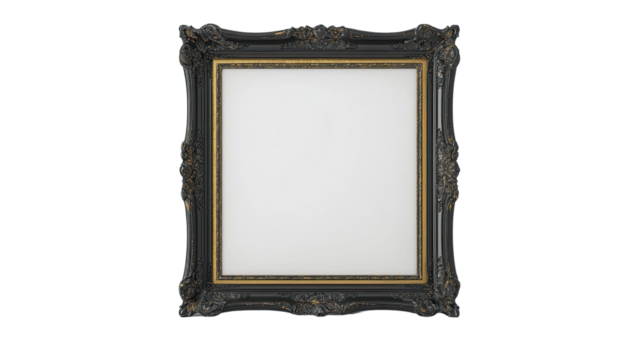 Ornate Black and Gold Frame: An elegant square picture frame with a black finish and gold inner trim, showcasing intricate carvings and a classic baroque design.