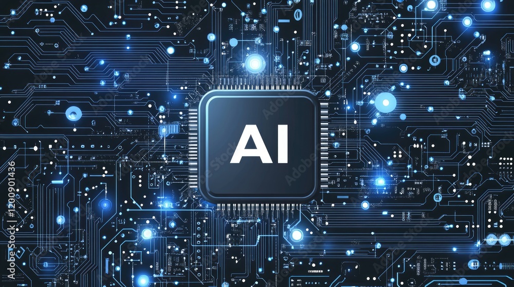 Poster ai chip: a futuristic digital image depicting the intricate circuitry of an ai chip with glowing blu