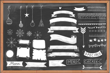 Grunge chalkboard hand drawn sketch elements restaurant menu, banners, ribbons, art, doodle graphic line elements, illustration, vintage style