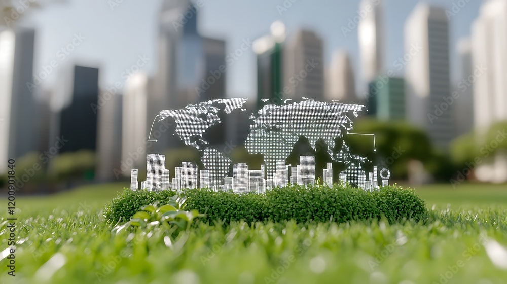 Poster eco-friendly world map with digital data overlay and greenery background