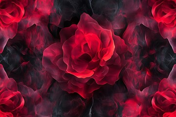 Naklejka premium Seamless Decorative Red Roses Pattern with Smoky Shapes: Elegant Floral Design for Textiles, Wallpapers, and Romantic Décor