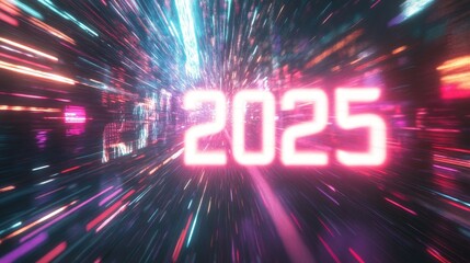 Neon 2025:  A vibrant neon pink 2025 number streaks through a futuristic tunnel of colorful light trails, symbolizing the rapid pace of technological advancement and the excitement of a new year.