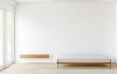 Modern minimalist room with wooden accents and natural light during the day