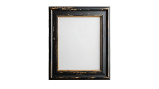 Black Distressed Wooden Frame: An elegant, black distressed wooden frame with a subtle gold inner lip, ideal for showcasing artwork, photos, or certificates.